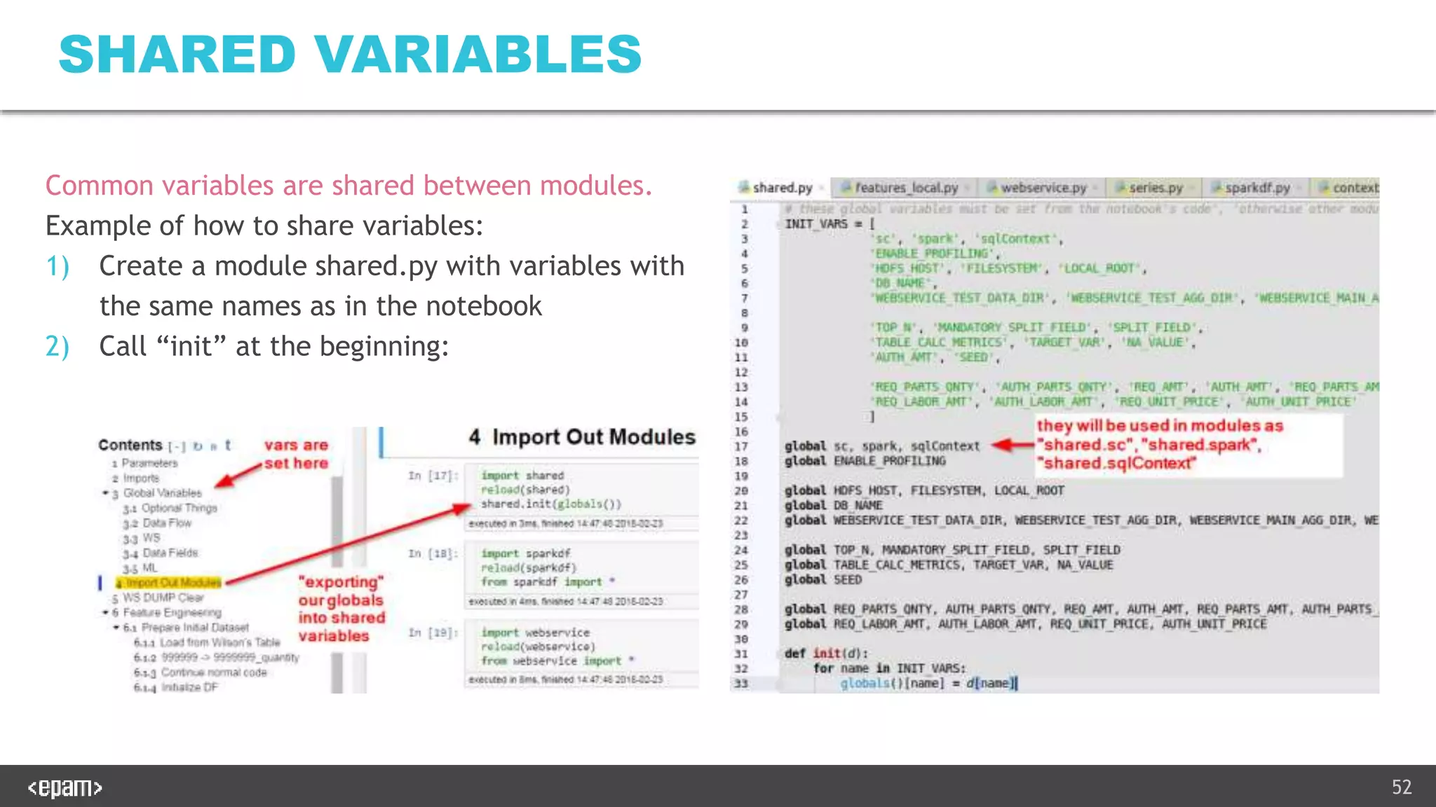 52
Common variables are shared between modules.
Example of how to share variables:
1) Create a module shared.py with variables with
the same names as in the notebook
2) Call “init” at the beginning:
SHARED VARIABLES
 