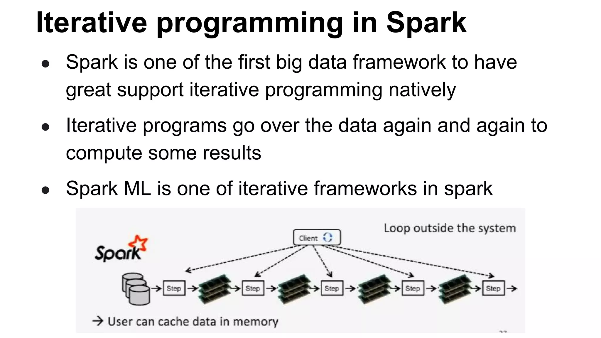 Iterative programming in Spark
● Spark is one of the first big data framework to have
great support iterative programming natively
● Iterative programs go over the data again and again to
compute some results
● Spark ML is one of iterative frameworks in spark
 