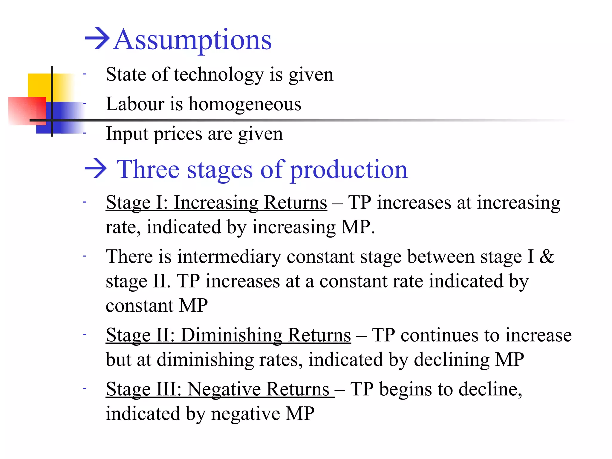 Assumptions   State of technology is given Labour is homogeneous Input prices are given    Three stages of production Stage I: Increasing Returns  – TP increases at increasing rate, indicated by increasing MP.  There is intermediary constant stage between stage I & stage II. TP increases at a constant rate indicated by constant MP Stage II: Diminishing Returns  – TP continues to increase but at diminishing rates, indicated by declining MP Stage III: Negative Returns  – TP begins to decline, indicated by negative MP 