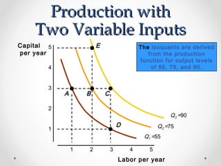 Production with
Two Variable Inputs
E

Capital 5
per year

The isoquants are derived
from the production
function for output levels
of 55, 75, and 90.

4
3

A

B

C

2

Q3 =90

D

1

Q2 =75
Q1 =55

1

2

3

4

5

Labor per year

 