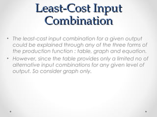 Least-Cost Input
Combination
• The least-cost input combination for a given output
could be explained through any of the three forms of
the production function : table, graph and equation.
• However, since the table provides only a limited no of
alternative input combinations for any given level of
output. So consider graph only.

 