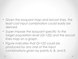 • Given the isoquant map and isocost lines, the
least cost input combination could easily be
derived.
• Super impose the isoquant specific to the
target population level (Q=122) and the isocost
lines map on a graph .
• Figure indicates that Q=122 could be
produced by any one of the input
combinations given by points A, B, and E.

 
