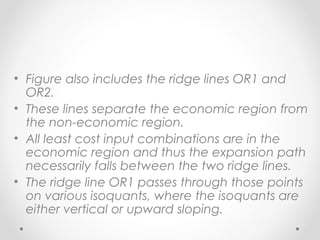 • Figure also includes the ridge lines OR1 and
OR2.
• These lines separate the economic region from
the non-economic region.
• All least cost input combinations are in the
economic region and thus the expansion path
necessarily falls between the two ridge lines.
• The ridge line OR1 passes through those points
on various isoquants, where the isoquants are
either vertical or upward sloping.

 