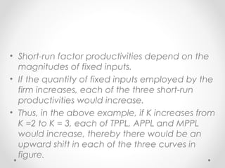 • Short-run factor productivities depend on the
magnitudes of fixed inputs.
• If the quantity of fixed inputs employed by the
firm increases, each of the three short-run
productivities would increase.
• Thus, in the above example, if K increases from
K =2 to K = 3, each of TPPL, APPL and MPPL
would increase, thereby there would be an
upward shift in each of the three curves in
figure.

 