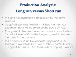 Production Analysis:
Long run versus Short run
• The long run expansion path is given by the curve
OABCDE.
• If capital input was fixed at K = K bar, the short run
expansion path will be given by the curve OXYCZ.
• Thus, point A denotes the least-cost input combination
for output level of Q1 in the long-run, point X denotes
the same in the short-run.
• This is because if the firm operates at point A in the
short-run it would use OL2 units of labour and OK1 units
of capital, but since it has fixed units of capital, it would

 