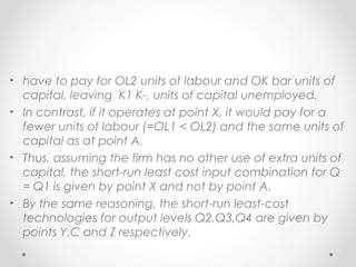 • have to pay for OL2 units of labour and OK bar units of
capital, leaving K1 K-, units of capital unemployed.
• In contrast, if it operates at point X, it would pay for a
fewer units of labour (=OL1 < OL2) and the same units of
capital as at point A.
• Thus, assuming the firm has no other use of extra units of
capital, the short-run least cost input combination for Q
= Q1 is given by point X and not by point A.
• By the same reasoning, the short-run least-cost
technologies for output levels Q2,Q3,Q4 are given by
points Y,C and Z respectively.

 