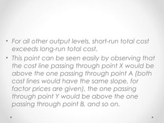 • For all other output levels, short-run total cost
exceeds long-run total cost.
• This point can be seen easily by observing that
the cost line passing through point X would be
above the one passing through point A (both
cost lines would have the same slope, for
factor prices are given), the one passing
through point Y would be above the one
passing through point B, and so on.

 