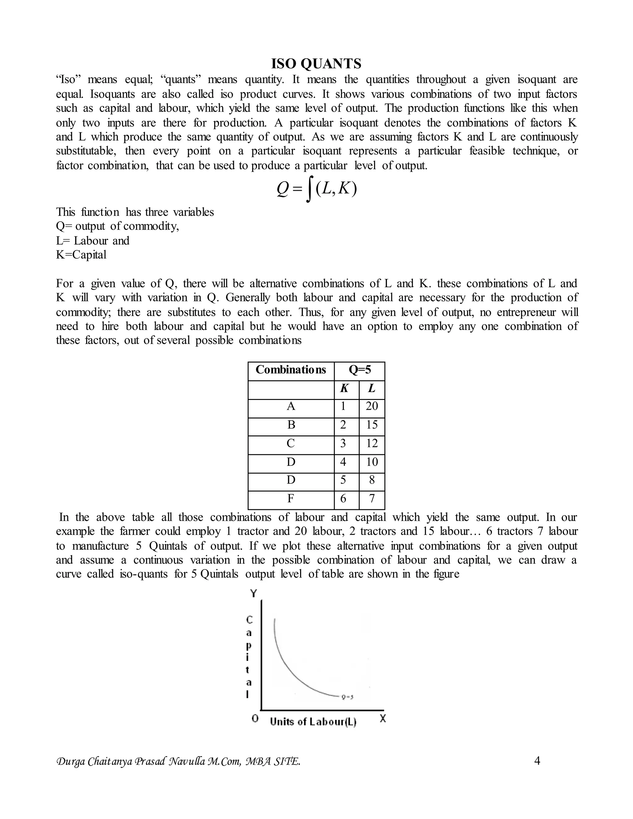 Durga Chaitanya Prasad Navulla M.Com, MBA SITE. 4
ISO QUANTS
“Iso” means equal; “quants” means quantity. It means the quantities throughout a given isoquant are
equal. Isoquants are also called iso product curves. It shows various combinations of two input factors
such as capital and labour, which yield the same level of output. The production functions like this when
only two inputs are there for production. A particular isoquant denotes the combinations of factors K
and L which produce the same quantity of output. As we are assuming factors K and L are continuously
substitutable, then every point on a particular isoquant represents a particular feasible technique, or
factor combination, that can be used to produce a particular level of output.
 ),( KLQ
This function has three variables
Q= output of commodity,
L= Labour and
K=Capital
For a given value of Q, there will be alternative combinations of L and K. these combinations of L and
K will vary with variation in Q. Generally both labour and capital are necessary for the production of
commodity; there are substitutes to each other. Thus, for any given level of output, no entrepreneur will
need to hire both labour and capital but he would have an option to employ any one combination of
these factors, out of several possible combinations
Combinations Q=5
K L
A 1 20
B 2 15
C 3 12
D 4 10
D 5 8
F 6 7
In the above table all those combinations of labour and capital which yield the same output. In our
example the farmer could employ 1 tractor and 20 labour, 2 tractors and 15 labour… 6 tractors 7 labour
to manufacture 5 Quintals of output. If we plot these alternative input combinations for a given output
and assume a continuous variation in the possible combination of labour and capital, we can draw a
curve called iso-quants for 5 Quintals output level of table are shown in the figure
 