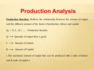 Production Analysis
Production function: Reflects the relationship between the amount of output
and the different amount of the factor of production, labour and capital.
Qx = f ( L , K ) …… Production function.
Q Quantity of output from x good.
L Amount of Labour.
K Amount of Capital.
( The maximum amount of output that can be produced with L units of labour
and K units of capital ).
 