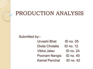 PRODUCTION ANALYSIS Submitted by:- 		Urvashi Bhat         ID no. 05 		Dixita Chotalia      ID no. 12 		Vibha Jatav            ID no. 24 		Poonam Nangia     ID no. 40 		Kamal Panchal       ID no. 42 