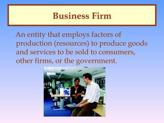 Business Firm
An entity that employs factors of
production (resources) to produce goods
and services to be sold to consumers,
other firms, or the government.

 