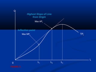 L
Q
TPL
Highest Slope of Line
from Origin
Max APL
Inflection point
Max MPL
0 L1 L2 L3
FIGURE 5.
 