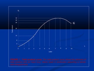 FIGURE 1. Total product curve. The total product curve shows the behavior of
total product with an input (e.g., labor) used in production assuming a certain
technological level.
L
QL
QL
2
6
12
20
26
30
32
Labor
Totalproduct
0 2 4 6 8 1097531
 