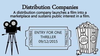 Distribution Companies
A distribution company launches a film into a
marketplace and sustains public interest in a film.
ENTRY FOR ONE
THRILLER
09/12/2015
 