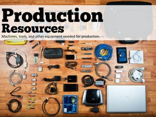 Production
Resources
https://flic.kr/p/9d1j4d
Machines, tools, and other equipment needed for production.
 