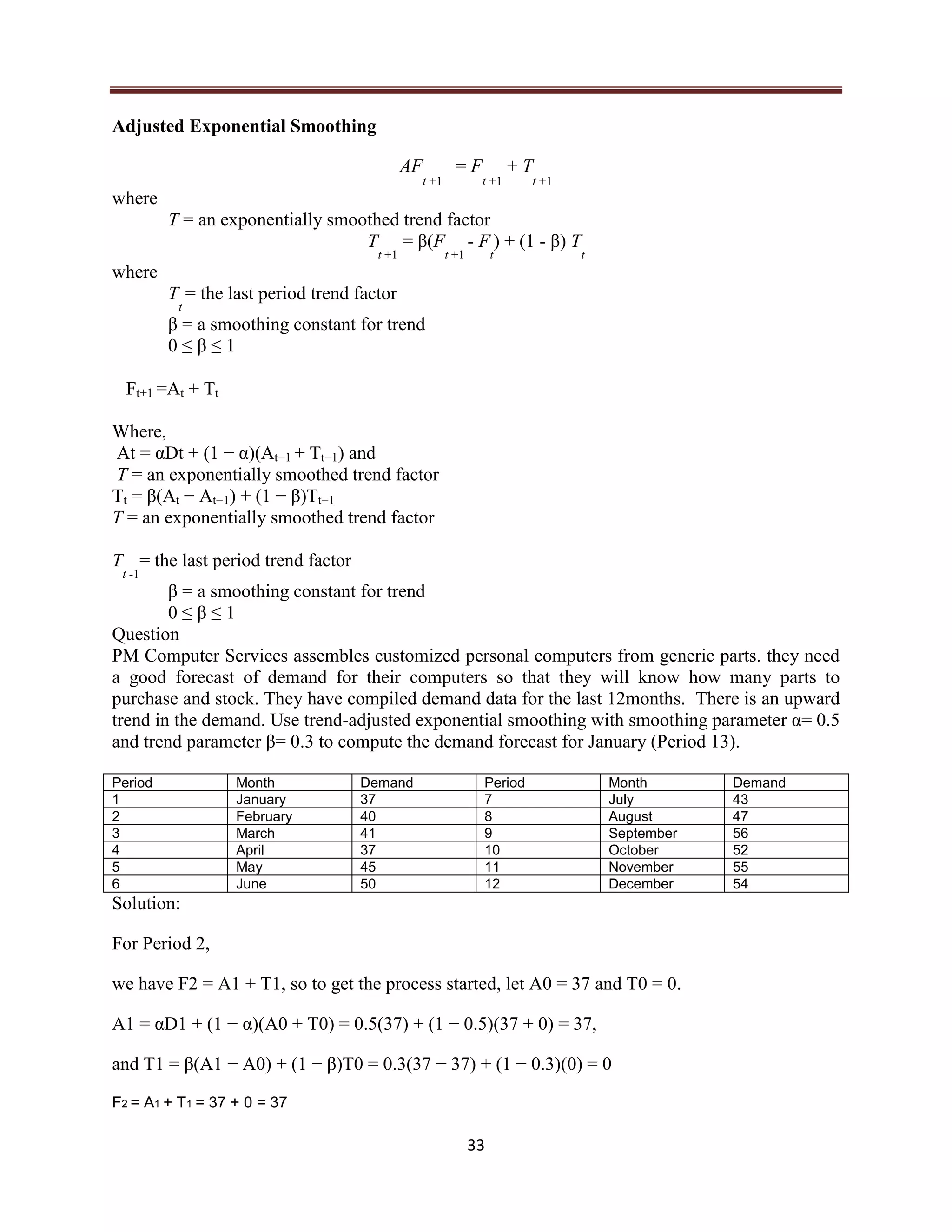 33
Adjusted Exponential Smoothing
AF
t +1
= F
t +1
+ T
t +1
where
T = an exponentially smoothed trend factor
T
t +1
= β(F
t +1
- F
t
) + (1 - β) T
t
where
T
t
= the last period trend factor
β = a smoothing constant for trend
0 ≤ β ≤ 1
Ft+1 =At + Tt
Where,
At = αDt + (1 − α)(At−1 + Tt−1) and
T = an exponentially smoothed trend factor
Tt = β(At − At−1) + (1 − β)Tt−1
T = an exponentially smoothed trend factor
T
t -1
= the last period trend factor
β = a smoothing constant for trend
0 ≤ β ≤ 1
Question
PM Computer Services assembles customized personal computers from generic parts. they need
a good forecast of demand for their computers so that they will know how many parts to
purchase and stock. They have compiled demand data for the last 12months. There is an upward
trend in the demand. Use trend-adjusted exponential smoothing with smoothing parameter α= 0.5
and trend parameter β= 0.3 to compute the demand forecast for January (Period 13).
Period Month Demand Period Month Demand
1 January 37 7 July 43
2 February 40 8 August 47
3 March 41 9 September 56
4 April 37 10 October 52
5 May 45 11 November 55
6 June 50 12 December 54
Solution:
For Period 2,
we have F2 = A1 + T1, so to get the process started, let A0 = 37 and T0 = 0.
A1 = αD1 + (1 − α)(A0 + T0) = 0.5(37) + (1 − 0.5)(37 + 0) = 37,
and T1 = β(A1 − A0) + (1 − β)T0 = 0.3(37 − 37) + (1 − 0.3)(0) = 0
F2 = A1 + T1 = 37 + 0 = 37
 