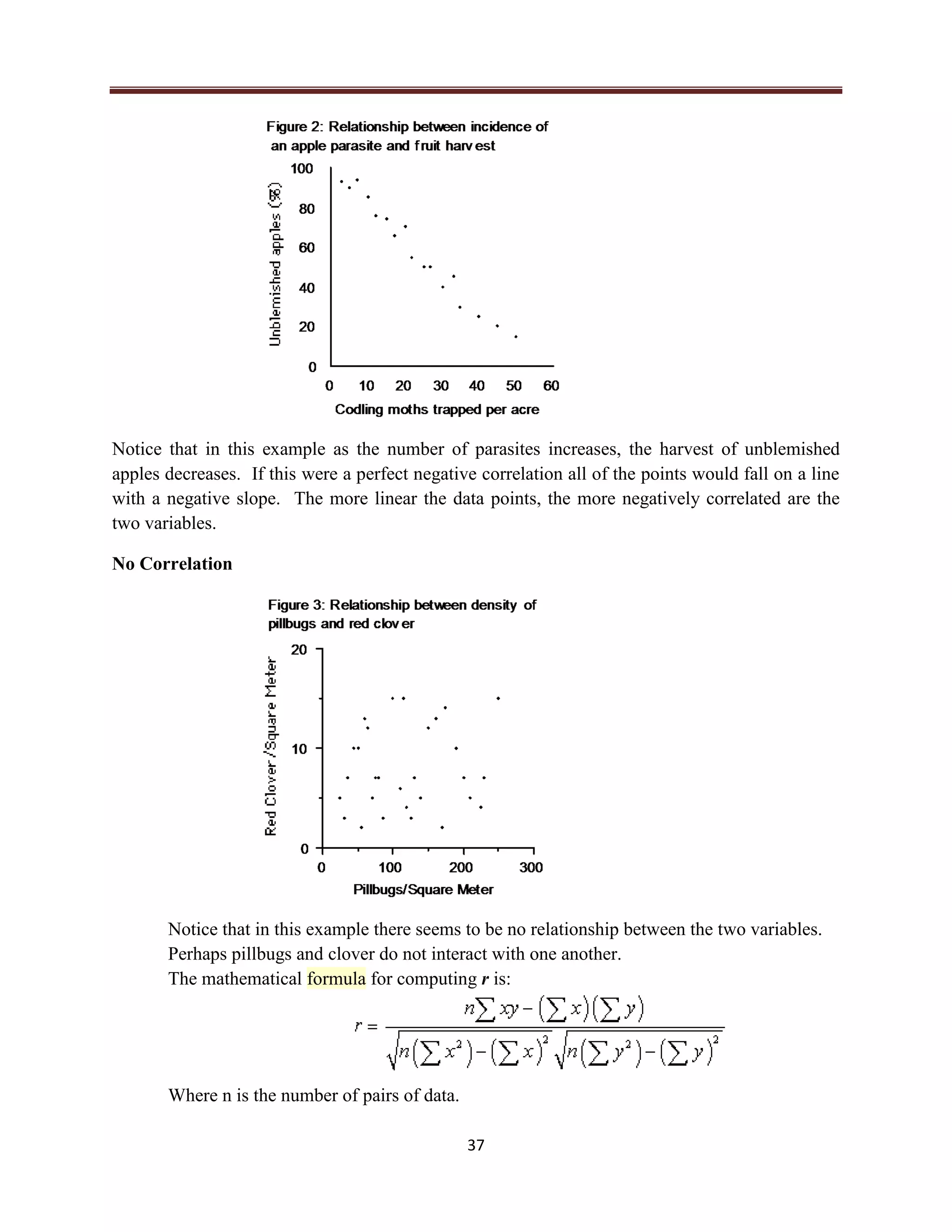 37
Notice that in this example as the number of parasites increases, the harvest of unblemished
apples decreases. If this were a perfect negative correlation all of the points would fall on a line
with a negative slope. The more linear the data points, the more negatively correlated are the
two variables.
No Correlation
Notice that in this example there seems to be no relationship between the two variables.
Perhaps pillbugs and clover do not interact with one another.
The mathematical formula for computing r is:
Where n is the number of pairs of data.
 