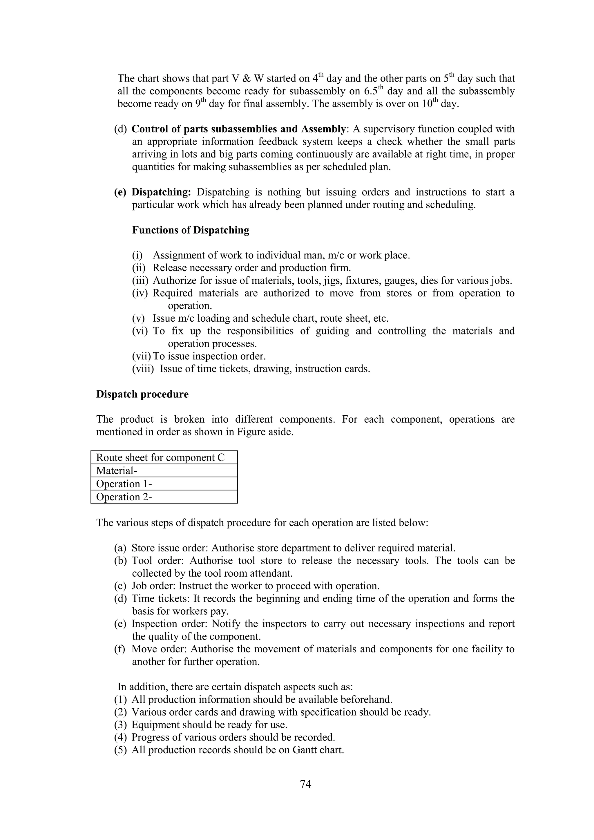 74
The chart shows that part V & W started on 4th
day and the other parts on 5th
day such that
all the components become ready for subassembly on 6.5th
day and all the subassembly
become ready on 9th
day for final assembly. The assembly is over on 10th
day.
(d) Control of parts subassemblies and Assembly: A supervisory function coupled with
an appropriate information feedback system keeps a check whether the small parts
arriving in lots and big parts coming continuously are available at right time, in proper
quantities for making subassemblies as per scheduled plan.
(e) Dispatching: Dispatching is nothing but issuing orders and instructions to start a
particular work which has already been planned under routing and scheduling.
Functions of Dispatching
(i) Assignment of work to individual man, m/c or work place.
(ii) Release necessary order and production firm.
(iii) Authorize for issue of materials, tools, jigs, fixtures, gauges, dies for various jobs.
(iv) Required materials are authorized to move from stores or from operation to
operation.
(v) Issue m/c loading and schedule chart, route sheet, etc.
(vi) To fix up the responsibilities of guiding and controlling the materials and
operation processes.
(vii)To issue inspection order.
(viii) Issue of time tickets, drawing, instruction cards.
Dispatch procedure
The product is broken into different components. For each component, operations are
mentioned in order as shown in Figure aside.
Route sheet for component C
Material-
Operation 1-
Operation 2-
The various steps of dispatch procedure for each operation are listed below:
(a) Store issue order: Authorise store department to deliver required material.
(b) Tool order: Authorise tool store to release the necessary tools. The tools can be
collected by the tool room attendant.
(c) Job order: Instruct the worker to proceed with operation.
(d) Time tickets: It records the beginning and ending time of the operation and forms the
basis for workers pay.
(e) Inspection order: Notify the inspectors to carry out necessary inspections and report
the quality of the component.
(f) Move order: Authorise the movement of materials and components for one facility to
another for further operation.
In addition, there are certain dispatch aspects such as:
(1) All production information should be available beforehand.
(2) Various order cards and drawing with specification should be ready.
(3) Equipment should be ready for use.
(4) Progress of various orders should be recorded.
(5) All production records should be on Gantt chart.
 