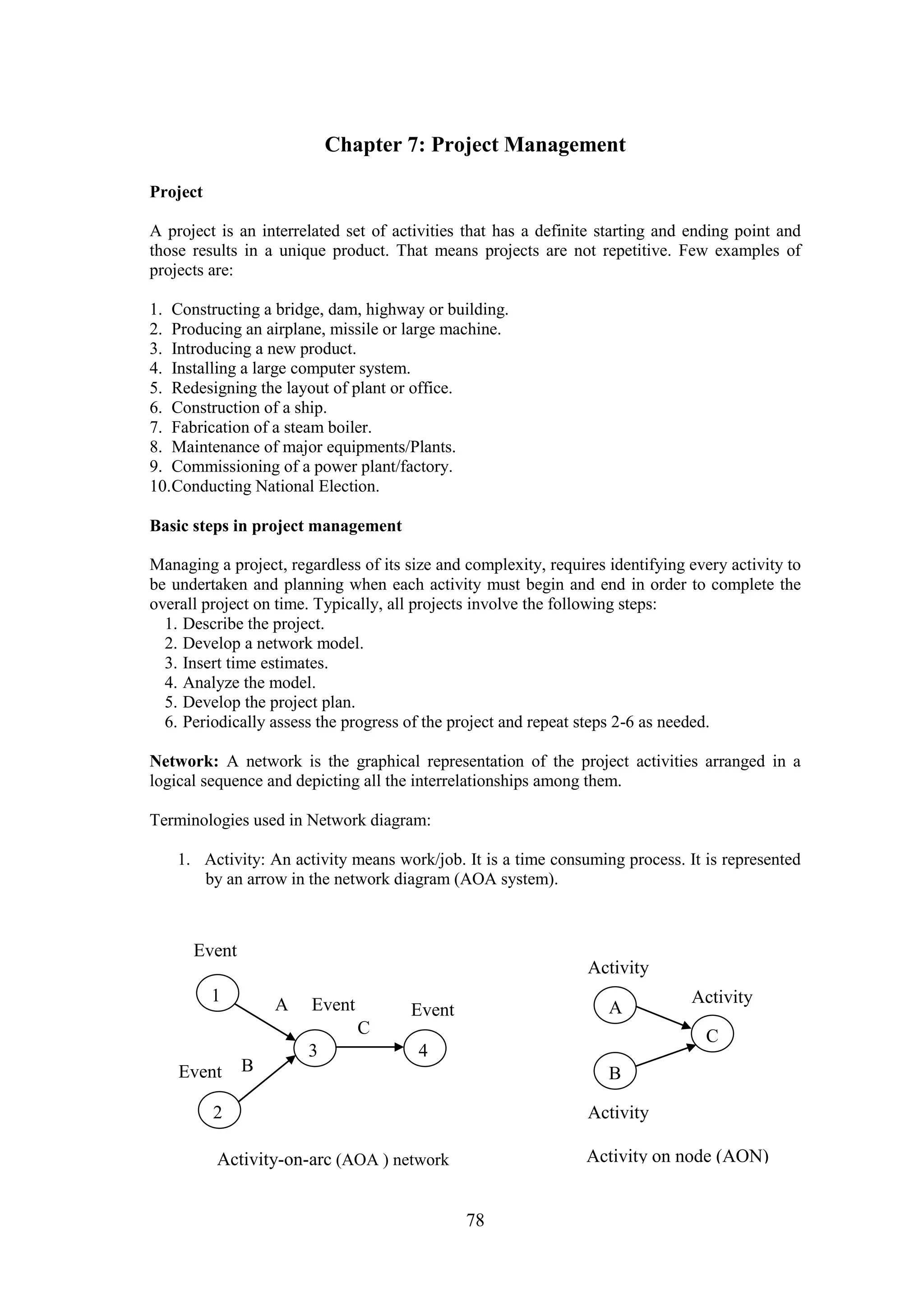 78
Chapter 7: Project Management
Project
A project is an interrelated set of activities that has a definite starting and ending point and
those results in a unique product. That means projects are not repetitive. Few examples of
projects are:
1. Constructing a bridge, dam, highway or building.
2. Producing an airplane, missile or large machine.
3. Introducing a new product.
4. Installing a large computer system.
5. Redesigning the layout of plant or office.
6. Construction of a ship.
7. Fabrication of a steam boiler.
8. Maintenance of major equipments/Plants.
9. Commissioning of a power plant/factory.
10.Conducting National Election.
Basic steps in project management
Managing a project, regardless of its size and complexity, requires identifying every activity to
be undertaken and planning when each activity must begin and end in order to complete the
overall project on time. Typically, all projects involve the following steps:
1. Describe the project.
2. Develop a network model.
3. Insert time estimates.
4. Analyze the model.
5. Develop the project plan.
6. Periodically assess the progress of the project and repeat steps 2-6 as needed.
Network: A network is the graphical representation of the project activities arranged in a
logical sequence and depicting all the interrelationships among them.
Terminologies used in Network diagram:
1. Activity: An activity means work/job. It is a time consuming process. It is represented
by an arrow in the network diagram (AOA system).
Activity-on-arc (AOA ) network
1
3
2
4
A
B
C
Event
Event Event
Event
A
B
C
Activity
Activity
Activity
Activity on node (AON)
 