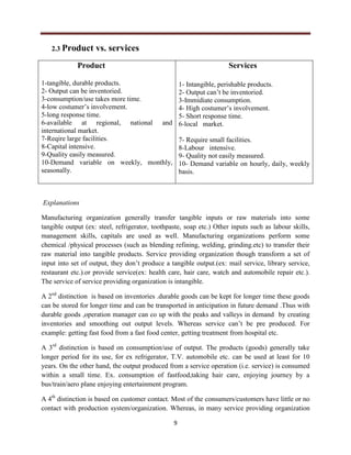 9
2.3 Product vs. services
Product
1-tangible, durable products.
2- Output can be inventoried.
3-consumption/use takes more time.
4-low costumer’s involvement.
5-long response time.
6-available at regional, national and
international market.
7-Reqire large facilities.
8-Capital intensive.
9-Quality easily measured.
10-Demand variable on weekly, monthly,
seasonally.
Services
1- Intangible, perishable products.
2- Output can’t be inventoried.
3-Immidiate consumption.
4- High costumer’s involvement.
5- Short response time.
6-local market.
7- Require small facilities.
8-Labour intensive.
9- Quality not easily measured.
10- Demand variable on hourly, daily, weekly
basis.
Explanations
Manufacturing organization generally transfer tangible inputs or raw materials into some
tangible output (ex: steel, refrigerator, toothpaste, soap etc.) Other inputs such as labour skills,
management skills, capitals are used as well. Manufacturing organizations perform some
chemical /physical processes (such as blending refining, welding, grinding.etc) to transfer their
raw material into tangible products. Service providing organization though transform a set of
input into set of output, they don’t produce a tangible output.(ex: mail service, library service,
restaurant etc.).or provide service(ex: health care, hair care, watch and automobile repair etc.).
The service of service providing organization is intangible.
A 2nd
distinction is based on inventories .durable goods can be kept for longer time these goods
can be stored for longer time and can be transported in anticipation in future demand .Thus with
durable goods ,operation manager can co up with the peaks and valleys in demand by creating
inventories and smoothing out output levels. Whereas service can’t be pre produced. For
example: getting fast food from a fast food center, getting treatment from hospital etc.
A 3rd
distinction is based on consumption/use of output. The products (goods) generally take
longer period for its use, for ex refrigerator, T.V. automobile etc. can be used at least for 10
years. On the other hand, the output produced from a service operation (i.e. service) is consumed
within a small time. Ex. consumption of fastfood,taking hair care, enjoying journey by a
bus/train/aero plane enjoying entertainment program.
A 4th
distinction is based on customer contact. Most of the consumers/customers have little or no
contact with production system/organization. Whereas, in many service providing organization
 