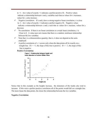 36
to +1. An r value of exactly +1 indicates a perfect positive fit. Positive values
indicate a relationship between x and y variables such that as values for x increases,
values for y also increase.
 Negative correlation: If x and y have a strong negative linear correlation, r is close
to -1. An r value of exactly -1 indicates a perfect negative fit. Negative values
indicate a relationship between x and y such that as values for x increase, values for y
decrease.
 No correlation: If there is no linear correlation or a weak linear correlation, r is
Close to 0. A value near zero means that there is a random, nonlinear relationship
between the two variables
 Note that r is a dimensionless quantity; that is, it does not depend on the units
employed.
 A perfect correlation of ± 1 occurs only when the data points all lie exactly on a
straight line. If r = +1, the slope of this line is positive. If r = -1, the slope of this
line is negative.
Positive Correlation
Notice that in this example as the heights increase, the diameters of the trunks also tend to
increase. If this were a perfect positive correlation all of the points would fall on a straight line.
The more linear the data points, the closer the relationship between the two variables.
Negative Correlation
 
