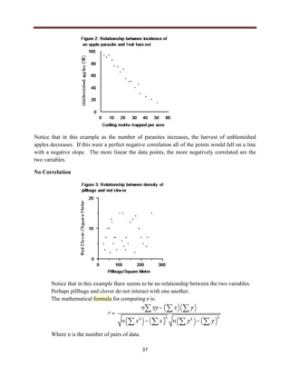 37
Notice that in this example as the number of parasites increases, the harvest of unblemished
apples decreases. If this were a perfect negative correlation all of the points would fall on a line
with a negative slope. The more linear the data points, the more negatively correlated are the
two variables.
No Correlation
Notice that in this example there seems to be no relationship between the two variables.
Perhaps pillbugs and clover do not interact with one another.
The mathematical formula for computing r is:
Where n is the number of pairs of data.
 