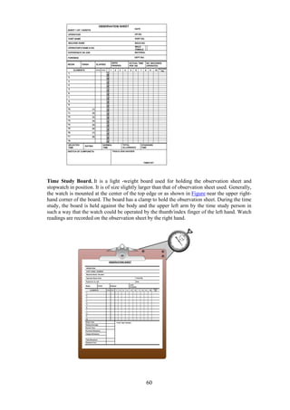 60
Time Study Board. It is a light -weight board used for holding the observation sheet and
stopwatch in position. It is of size slightly larger than that of observation sheet used. Generally,
the watch is mounted at the center of the top edge or as shown in Figure near the upper right-
hand corner of the board. The board has a clamp to hold the observation sheet. During the time
study, the board is held against the body and the upper left arm by the time study person in
such a way that the watch could be operated by the thumb/index finger of the left hand. Watch
readings are recorded on the observation sheet by the right hand.
 