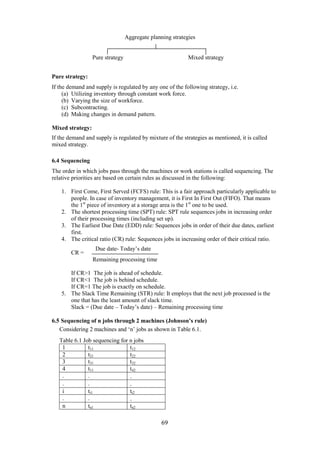 69
Pure strategy:
If the demand and supply is regulated by any one of the following strategy, i.e.
(a) Utilizing inventory through constant work force.
(b) Varying the size of workforce.
(c) Subcontracting.
(d) Making changes in demand pattern.
Mixed strategy:
If the demand and supply is regulated by mixture of the strategies as mentioned, it is called
mixed strategy.
6.4 Sequencing
The order in which jobs pass through the machines or work stations is called sequencing. The
relative priorities are based on certain rules as discussed in the following:
1. First Come, First Served (FCFS) rule: This is a fair approach particularly applicable to
people. In case of inventory management, it is First In First Out (FIFO). That means
the 1st
piece of inventory at a storage area is the 1st
one to be used.
2. The shortest processing time (SPT) rule: SPT rule sequences jobs in increasing order
of their processing times (including set up).
3. The Earliest Due Date (EDD) rule: Sequences jobs in order of their due dates, earliest
first.
4. The critical ratio (CR) rule: Sequences jobs in increasing order of their critical ratio.
CR =
If CR>1 The job is ahead of schedule.
If CR<1 The job is behind schedule.
If CR=1 The job is exactly on schedule.
5. The Slack Time Remaining (STR) rule: It employs that the next job processed is the
one that has the least amount of slack time.
Slack = (Due date – Today’s date) – Remaining processing time
6.5 Sequencing of n jobs through 2 machines (Johnson’s rule)
Considering 2 machines and ‘n’ jobs as shown in Table 6.1.
Table 6.1 Job sequencing for n jobs
1 t11 t12
2 t21 t22
3 t31 t32
4 t11 t42
. . .
. . .
i ti1 ti2
. . .
n tn1 tn2
Aggregate planning strategies
Pure strategy Mixed strategy
Due date- Today’s date
Remaining processing time
 