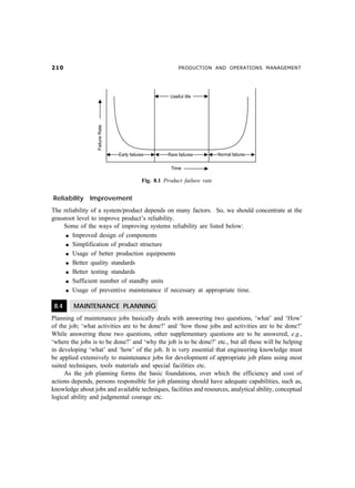 PRODUCTION AND OPERATIONS MANAGEMENT
Fig. 8.1 Product failure rate
Reliability Improvement
The reliability of a system/product depends on many factors. So, we should concentrate at the
grassroot level to improve product’s reliability.
Some of the ways of improving systems reliability are listed below:
l Improved design of components
l Simplification of product structure
l Usage of better production equipments
l Better quality standards
l Better testing standards
l Sufficient number of standby units
l Usage of preventive maintenance if necessary at appropriate time.
8.4 MAINTENANCE PLANNING
Planning of maintenance jobs basically deals with answering two questions, ‘what’ and ‘How’
of the job; ‘what activities are to be done?’ and ‘how those jobs and activities are to be done?’
While answering these two questions, other supplementary questions are to be answered, e.g.,
‘where the jobs is to be done?’ and ‘why the job is to be done?’ etc., but all these will be helping
in developing ‘what’ and ‘how’ of the job. It is very essential that engineering knowledge must
be applied extensively to maintenance jobs for development of appropriate job plans using most
suited techniques, tools materials and special facilities etc.
As the job planning forms the basic foundations, over which the efficiency and cost of
actions depends, persons responsible for job planning should have adequate capabilities, such as,
knowledge about jobs and available techniques, facilities and resources, analytical ability, conceptual
logical ability and judgmental courage etc.
 