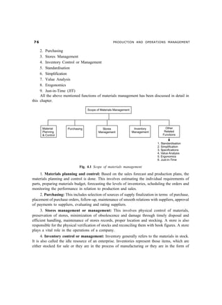 %$ PRODUCTION AND OPERATIONS MANAGEMENT
2. Purchasing
3. Stores Management
4. Inventory Control or Management
5. Standardisation
6. Simplification
7. Value Analysis
8. Erogonomics
9. Just-in-Time (JIT)
All the above mentioned functions of materials management has been discussed in detail in
this chapter.
Fig. 4.1 Scope of materials management
1. Materials planning and control: Based on the sales forecast and production plans, the
materials planning and control is done. This involves estimating the individual requirements of
parts, preparing materials budget, forecasting the levels of inventories, scheduling the orders and
monitoring the performance in relation to production and sales.
2. Purchasing: This includes selection of sources of supply finalization in terms of purchase,
placement of purchase orders, follow-up, maintenance of smooth relations with suppliers, approval
of payments to suppliers, evaluating and rating suppliers.
3. Stores management or management: This involves physical control of materials,
preservation of stores, minimization of obsolescence and damage through timely disposal and
efficient handling, maintenance of stores records, proper location and stocking. A store is also
responsible for the physical verification of stocks and reconciling them with book figures. A store
plays a vital role in the operations of a company.
4. Inventory control or management: Inventory generally refers to the materials in stock.
It is also called the idle resource of an enterprise. Inventories represent those items, which are
either stocked for sale or they are in the process of manufacturing or they are in the form of
 
