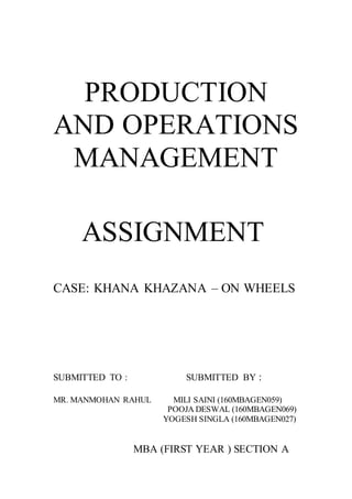 PRODUCTION
AND OPERATIONS
MANAGEMENT
ASSIGNMENT
CASE: KHANA KHAZANA – ON WHEELS
SUBMITTED TO : SUBMITTED BY :
MR. MANMOHAN RAHUL MILI SAINI (160MBAGEN059)
POOJA DESWAL (160MBAGEN069)
YOGESH SINGLA (160MBAGEN027)
MBA (FIRST YEAR ) SECTION A
 