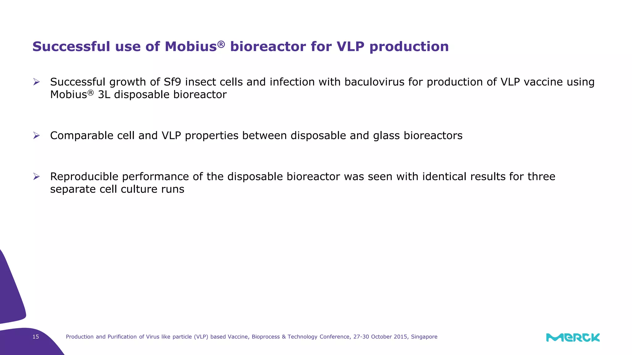 15 Production and Purification of Virus like particle (VLP) based Vaccine, Bioprocess & Technology Conference, 27-30 October 2015, Singapore
Successful growth of Sf9 insect cells and infection with baculovirus for production of VLP vaccine using
Mobius® 3L disposable bioreactor
Comparable cell and VLP properties between disposable and glass bioreactors
Reproducible performance of the disposable bioreactor was seen with identical results for three
separate cell culture runs
Successful use of Mobius® bioreactor for VLP production
 