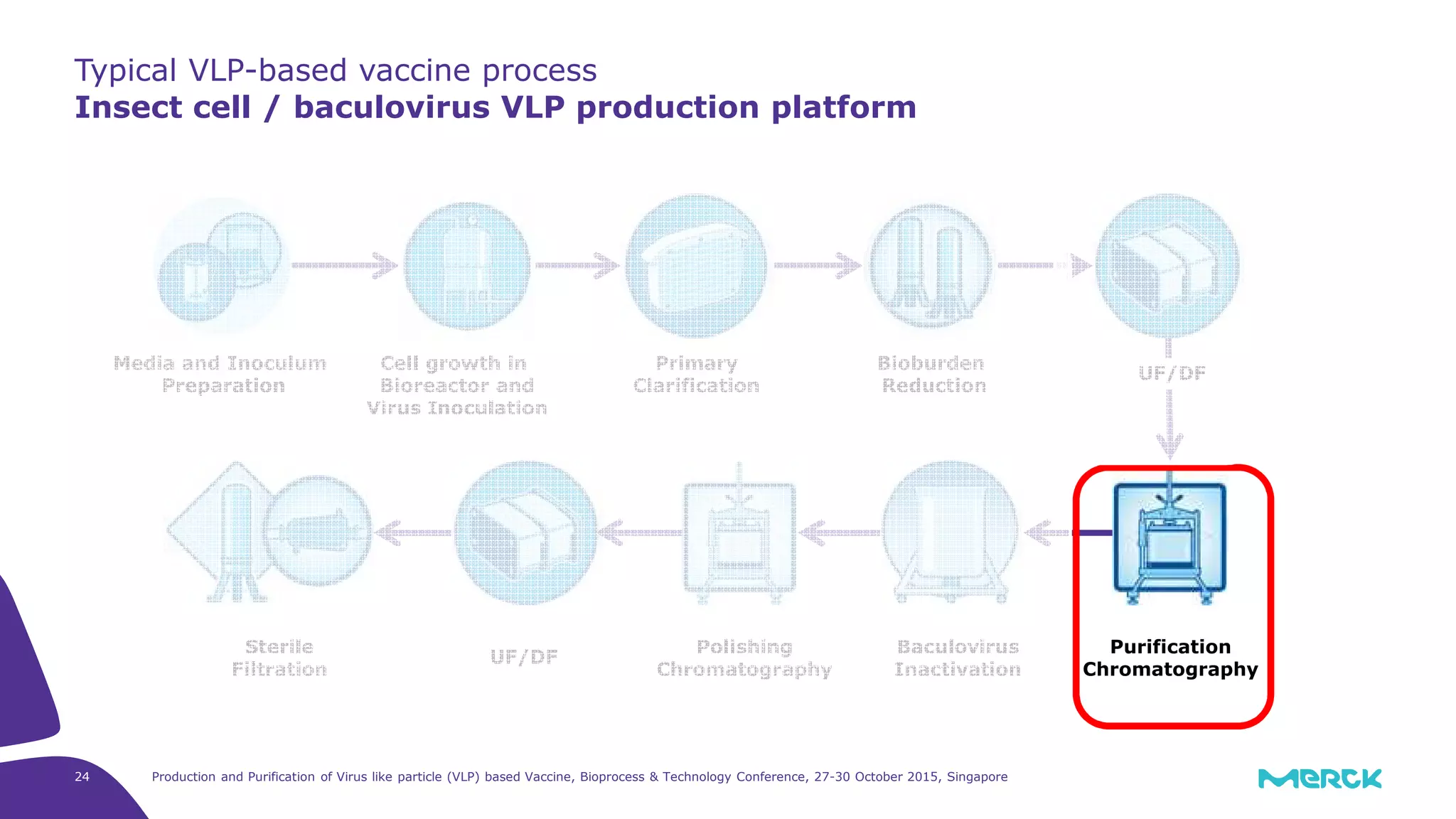 Production and Purification of Virus like particle (VLP) based Vaccine, Bioprocess & Technology Conference, 27-30 October 2015, Singapore24
Typical VLP-based vaccine process
Insect cell / baculovirus VLP production platform
UF/DF
Baculovirus
Inactivation
Purification
Chromatography
Media and Inoculum
Preparation
Cell growth in
Bioreactor and
Virus Inoculation
Bioburden
Reduction
Primary
Clarification
Sterile
Filtration
Polishing
Chromatography
UF/DF
 