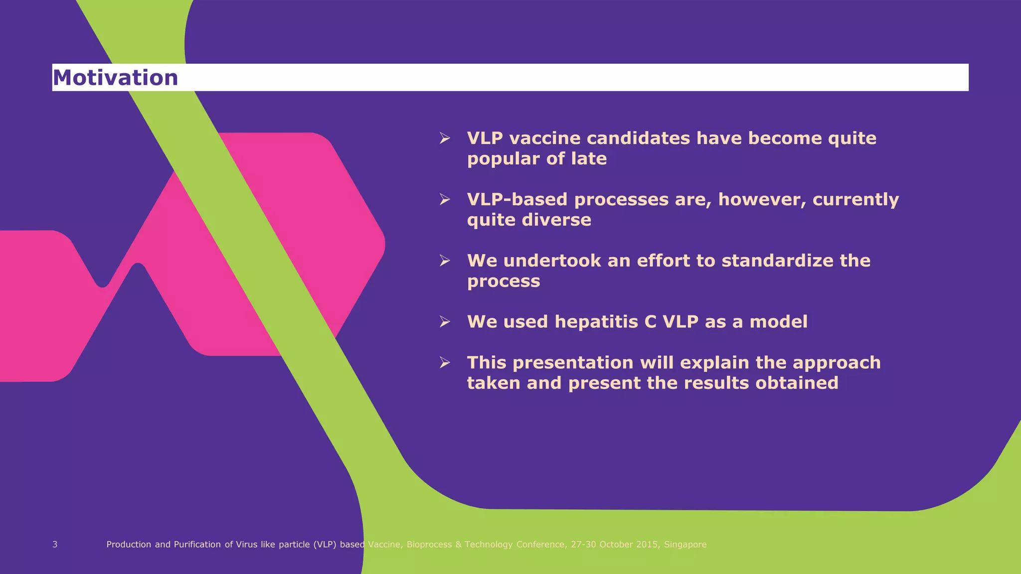 VLP vaccine candidates have become quite
popular of late
VLP-based processes are, however, currently
quite diverse
We undertook an effort to standardize the
process
We used hepatitis C VLP as a model
This presentation will explain the approach
taken and present the results obtained
Production and Purification of Virus like particle (VLP) based Vaccine, Bioprocess & Technology Conference, 27-30 October 2015, Singapore3
Motivation
 