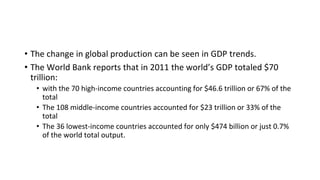• The change in global production can be seen in GDP trends.
• The World Bank reports that in 2011 the world’s GDP totaled $70
trillion:
• with the 70 high-income countries accounting for $46.6 trillion or 67% of the
total
• The 108 middle-income countries accounted for $23 trillion or 33% of the
total
• The 36 lowest-income countries accounted for only $474 billion or just 0.7%
of the world total output.
 