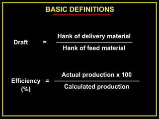 BASIC DEFINITIONS
Hank of delivery material
Hank of feed material
Draft =
Actual production x 100
Calculated production
Efficiency
(%)
=
 