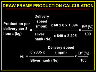 DRAW FRAME PRODUCTION CALCULATION
Production per
delivery per 8
hours (kg)
Delivery
speed
(mpm) x 60 x 8 x 1.094 Eff (%)
100
x
sliver
hank (Ne)
x 840 x 2.205
=
Delivery speed
(mpm)
0.2835 x Eff (%)
100
x
Sliver hank (Ne)
=
ie.
 