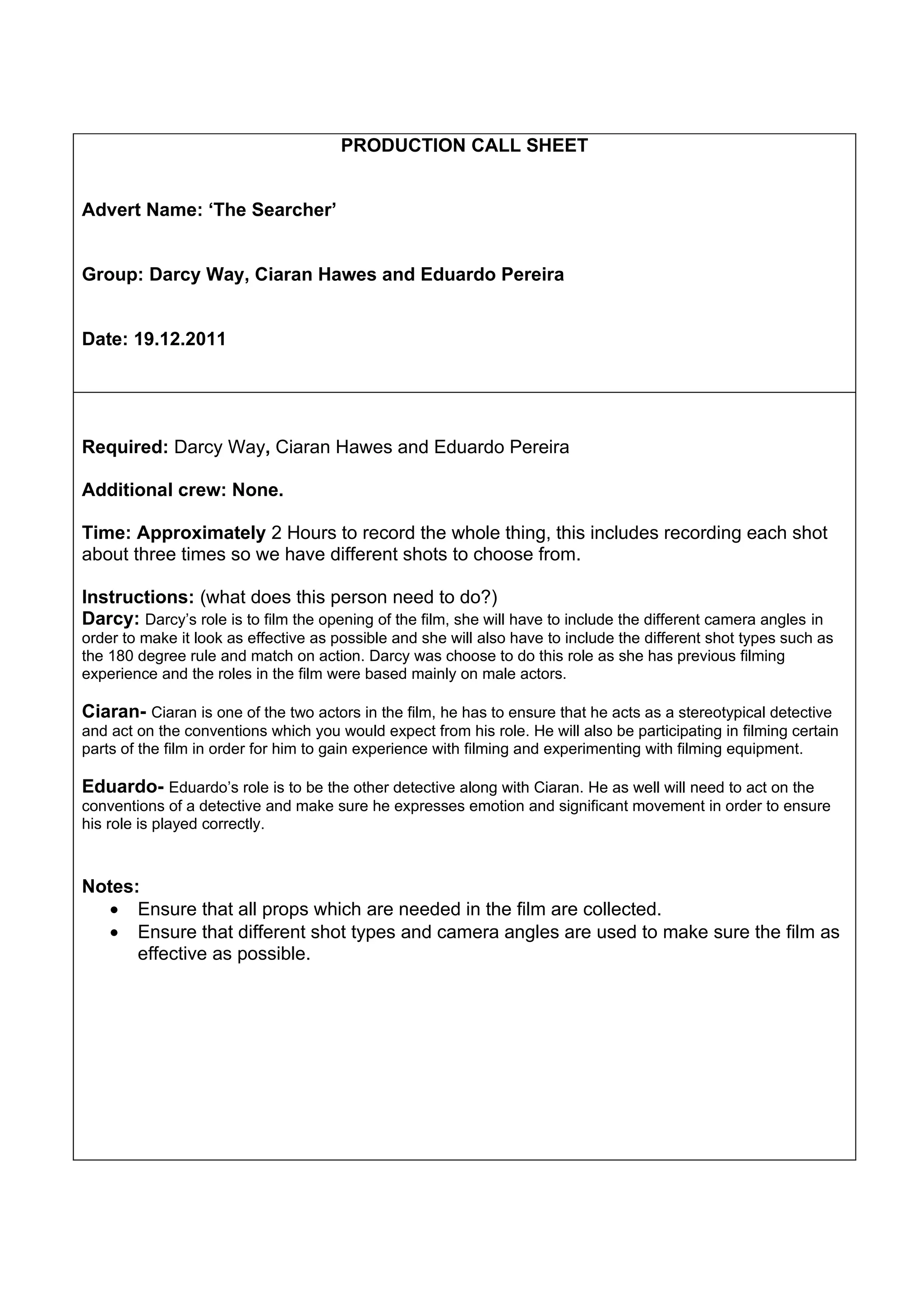 Production call sheet | DOC
