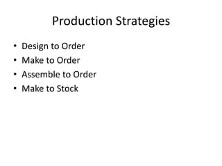 Production Strategies
• Design to Order
• Make to Order
• Assemble to Order
• Make to Stock
 