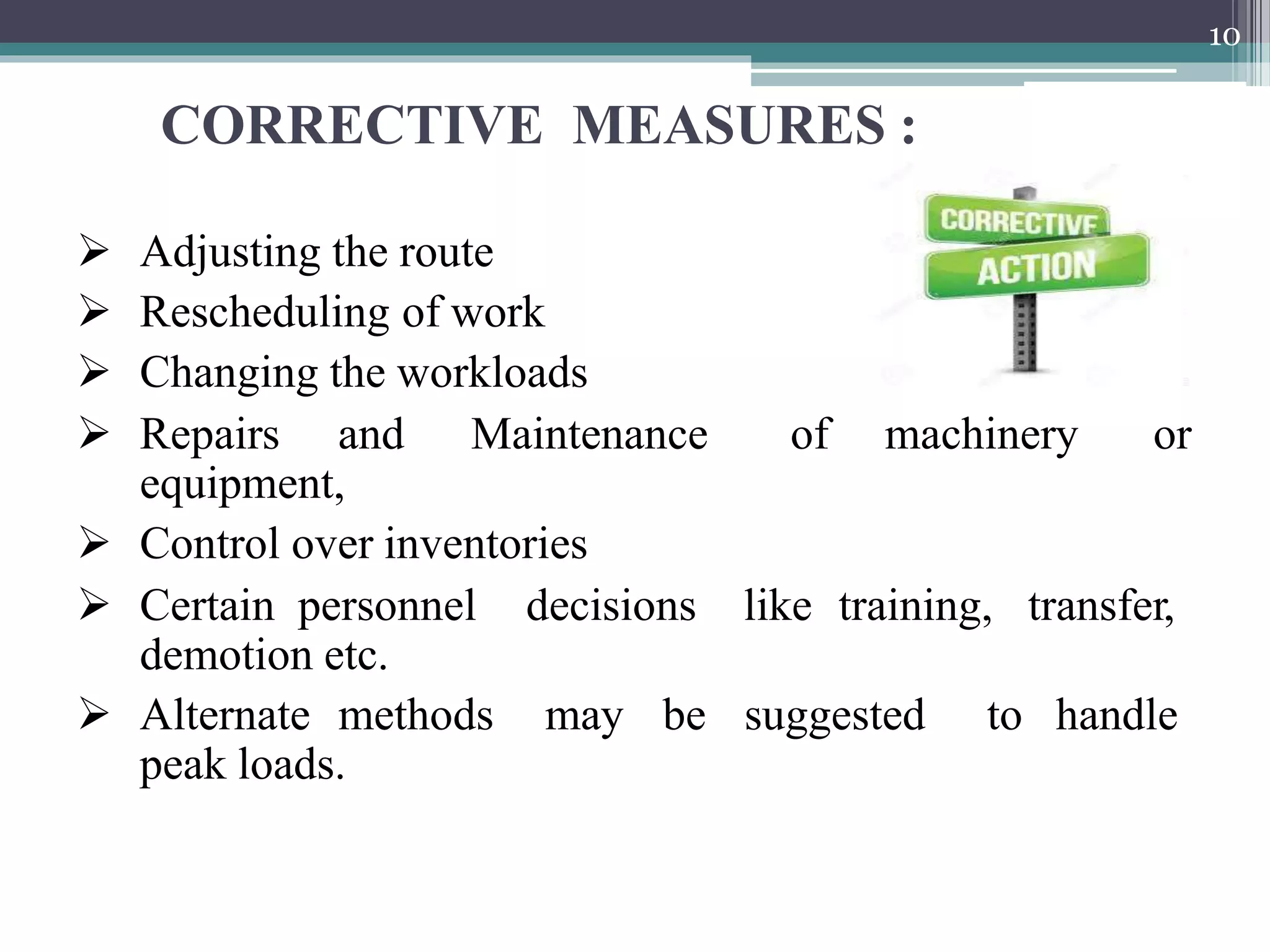 CORRECTIVE MEASURES :
10
 Adjusting the route
 Rescheduling of work
 Changing the workloads
 Repairs and Maintenance of machinery or
equipment,
 Control over inventories
 Certain personnel decisions like training, transfer,
demotion etc.
 Alternate methods may be suggested to handle
peak loads.
 