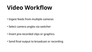Video Workflow
• Ingest feeds from multiple cameras
• Select camera angles via switcher
• Insert pre-recorded clips or graphics
• Send final output to broadcast or recording
 