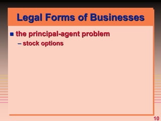 10
Legal Forms of Businesses
 the principal-agent problem
– stock options
 
