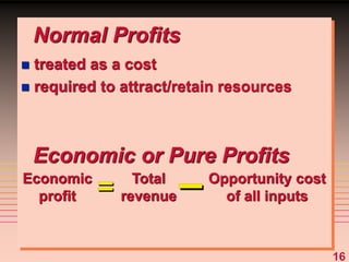 16
Economic
profit
Total
revenue
Opportunity cost
of all inputs
Normal Profits
Economic or Pure Profits
 treated as a cost
 required to attract/retain resources
 