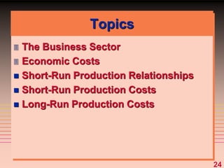 24
Topics
 The Business Sector
 Economic Costs
 Short-Run Production Relationships
 Short-Run Production Costs
 Long-Run Production Costs
 