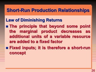 26
Short-Run Production Relationships
Law of Diminishing Returns
 The principle that beyond some point
the marginal product decreases as
additional units of a variable resource
are added to a fixed factor
 Fixed inputs; it is therefore a short-run
concept
 
