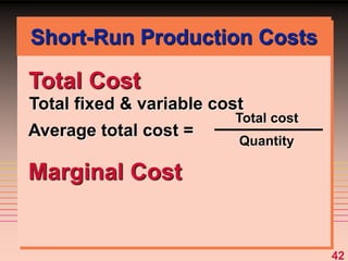 42
Total Cost
Total fixed & variable cost
Marginal Cost
Average total cost =
Total cost
Quantity
Short-Run Production Costs
 