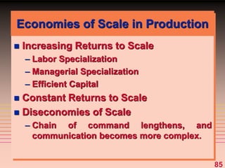85
Economies of Scale in Production
 Increasing Returns to Scale
– Labor Specialization
– Managerial Specialization
– Efficient Capital
 Constant Returns to Scale
 Diseconomies of Scale
– Chain of command lengthens, and
communication becomes more complex.
 