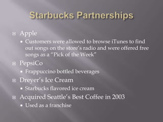 Starbucks PartnershipsAppleCustomers were allowed to browse iTunes to find out songs on the store’s radio and were offered free songs as a “Pick of the Week”PepsiCoFrappuccino bottled beveragesDreyer’s Ice CreamStarbucks flavored ice creamAcquired Seattle’s Best Coffee in 2003Used as a franchise