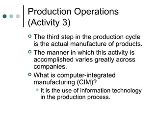 Production Operations
(Activity 3)
 The third step in the production cycle
is the actual manufacture of products.
 The manner in which this activity is
accomplished varies greatly across
companies.
 What is computer-integrated
manufacturing (CIM)?
It is the use of information technology
in the production process.
 