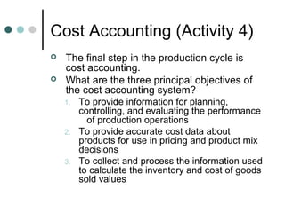 Cost Accounting (Activity 4)
 The final step in the production cycle is
cost accounting.
 What are the three principal objectives of
the cost accounting system?
1. To provide information for planning,
controlling, and evaluating the performance
of production operations
2. To provide accurate cost data about
products for use in pricing and product mix
decisions
3. To collect and process the information used
to calculate the inventory and cost of goods
sold values
 